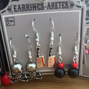 Skull and Knife Earrings Set - Silver and Red